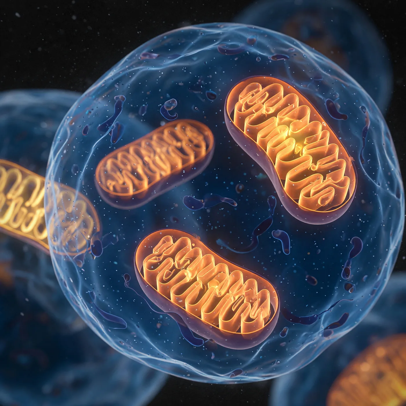A cell interior with mitochondria, the structures that produce cellular energy