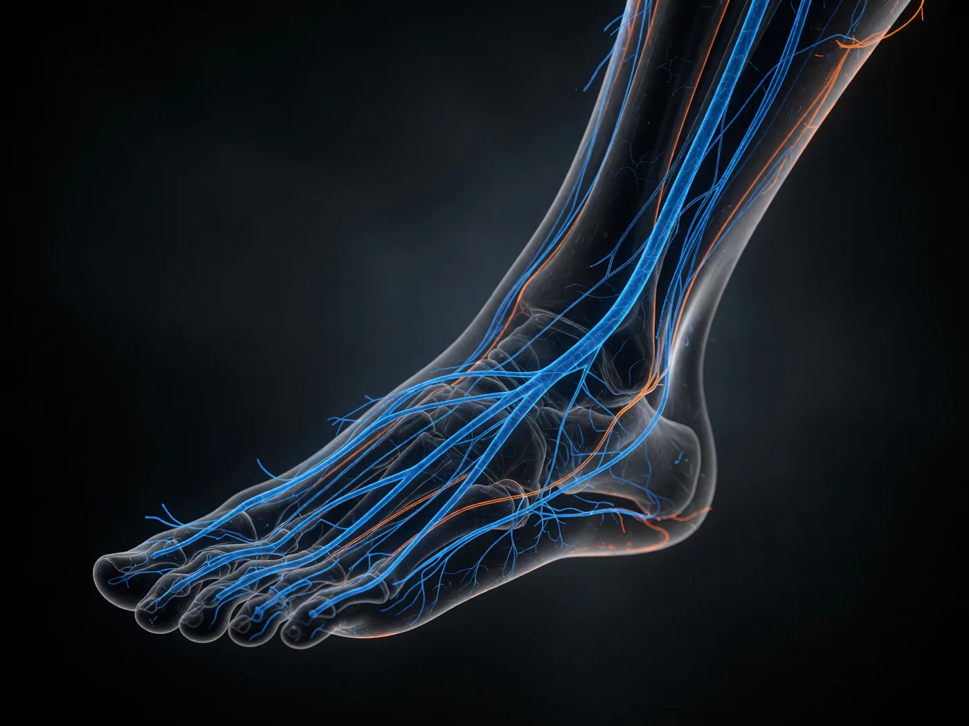 Anatomical visualization of the nerve network branching through the foot and lower leg