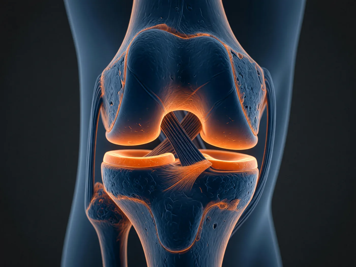 Anatomical cross-section of a knee joint showing cartilage and joint space