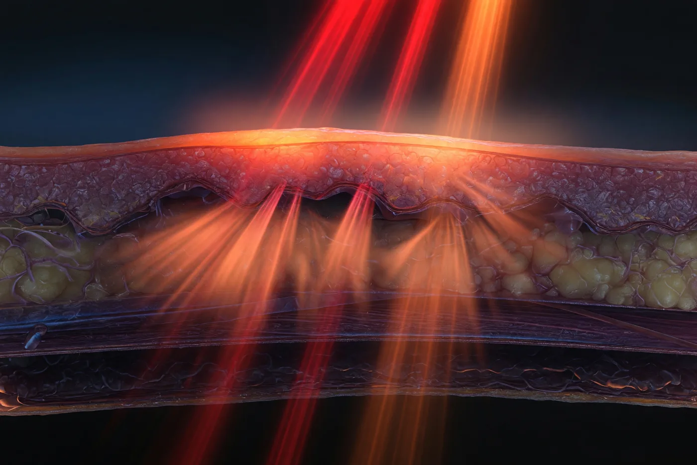 Red and near-infrared light penetrating through layers of tissue
