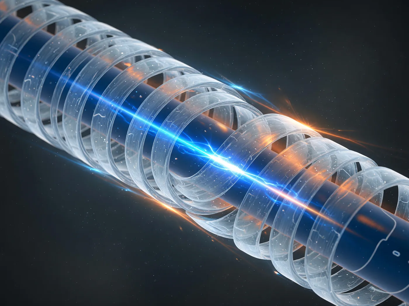 Close-up of a myelin sheath spiralling around a nerve axon with a signal passing beneath