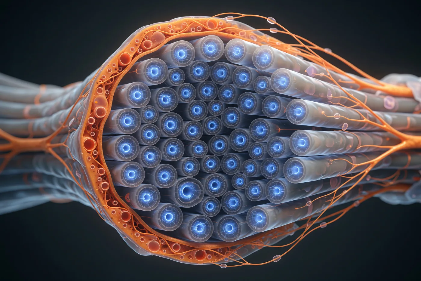 Cross-section through a peripheral nerve bundle, showing individual myelinated fibers
