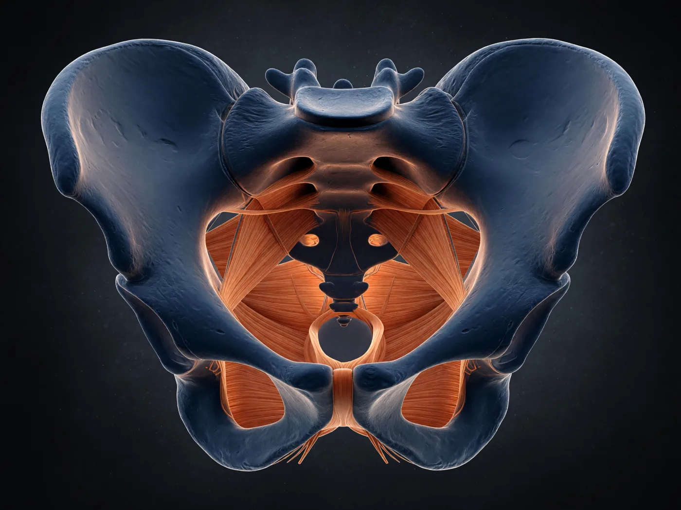 Anatomical illustration of the pelvic floor muscles supporting the base of the pelvis