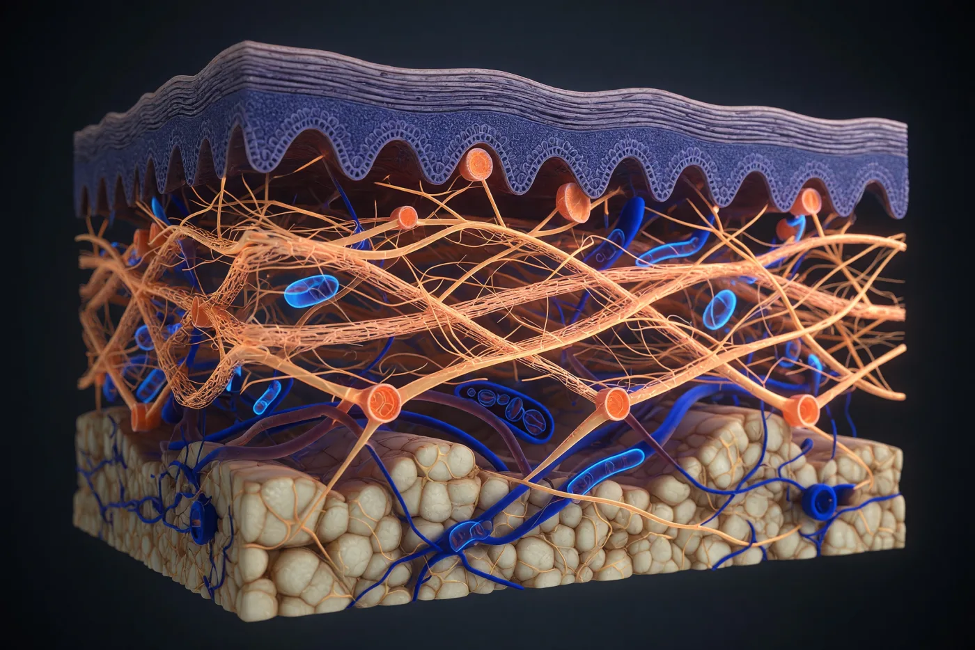 Cross-section through skin showing the collagen and elastin lattice of the dermis