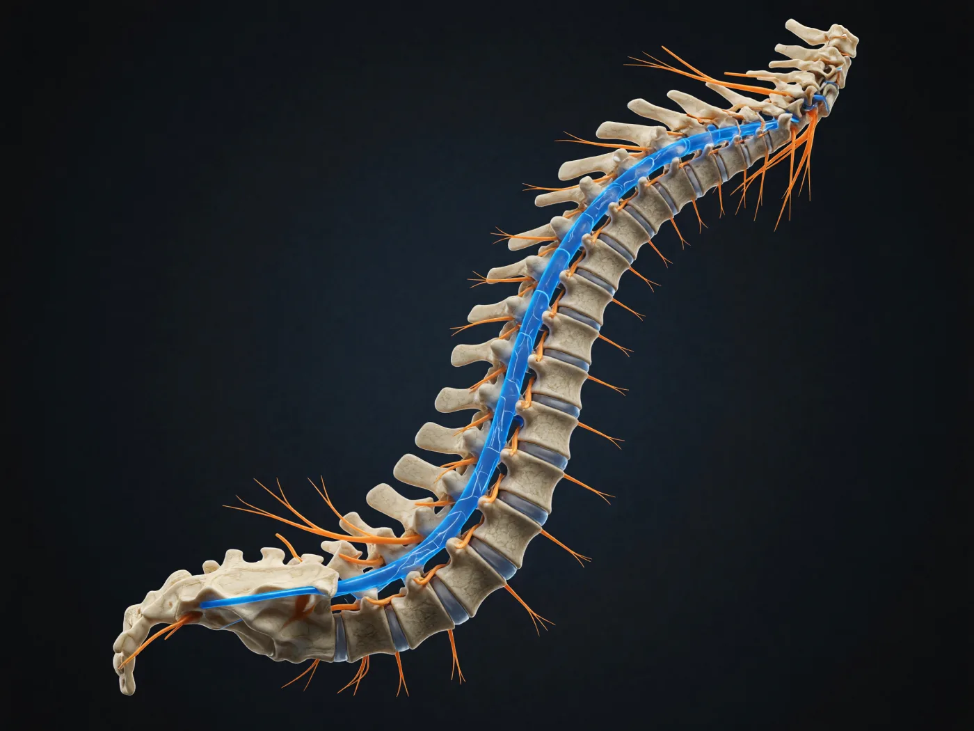 Side view of the vertebral column showing its natural curve, the spinal cord and nerve roots at each level