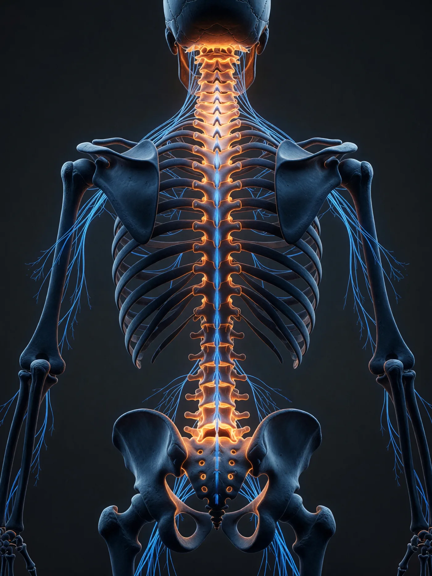 Skeleton viewed from behind with the vertebral column highlighted and spinal nerves branching outward